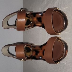 Michael Kor New Lani Sandal Brown Leather w/ Gold Emblems and Heel